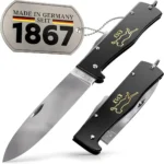 Mercator K55K kedi logolu katlanır bıçak, C75 karbon çelik namlu, Almanya üretimi açık ve kapalı görünüm