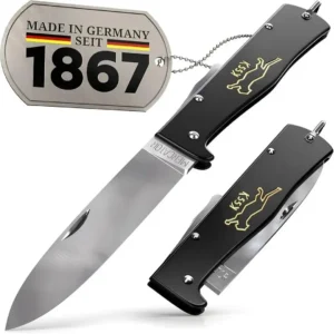 Mercator K55K kedi logolu katlanır bıçak, C75 karbon çelik namlu, Almanya üretimi açık ve kapalı görünüm