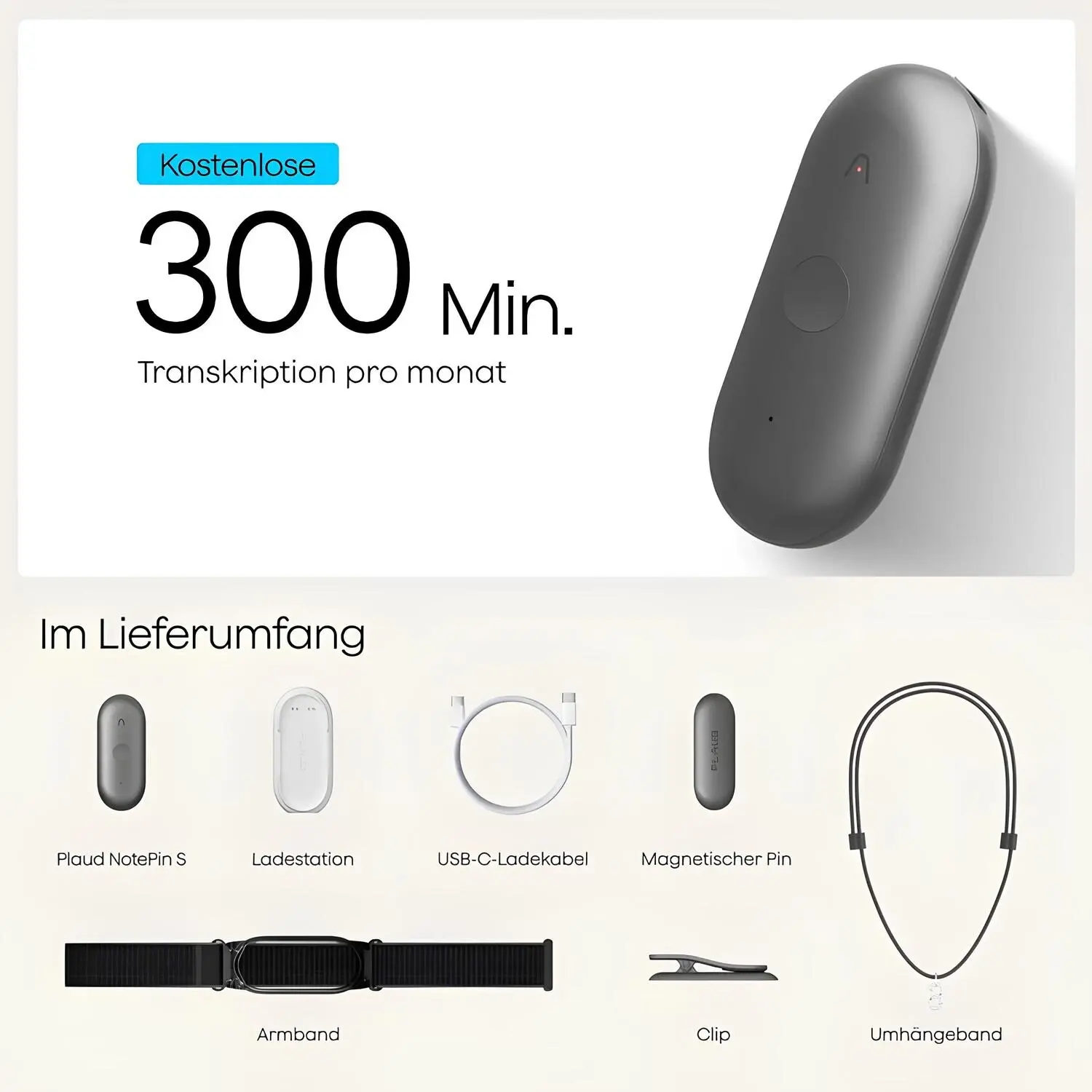 plaud-notepin-s-yapay-zeka-diktasyon-ve-ses-kayit-cihazi-2026-teknobincom-10 Plaud NotePin S kutu içeriği cihaz şarj istasyonu USB-C kablo kol bandı klips ve askı