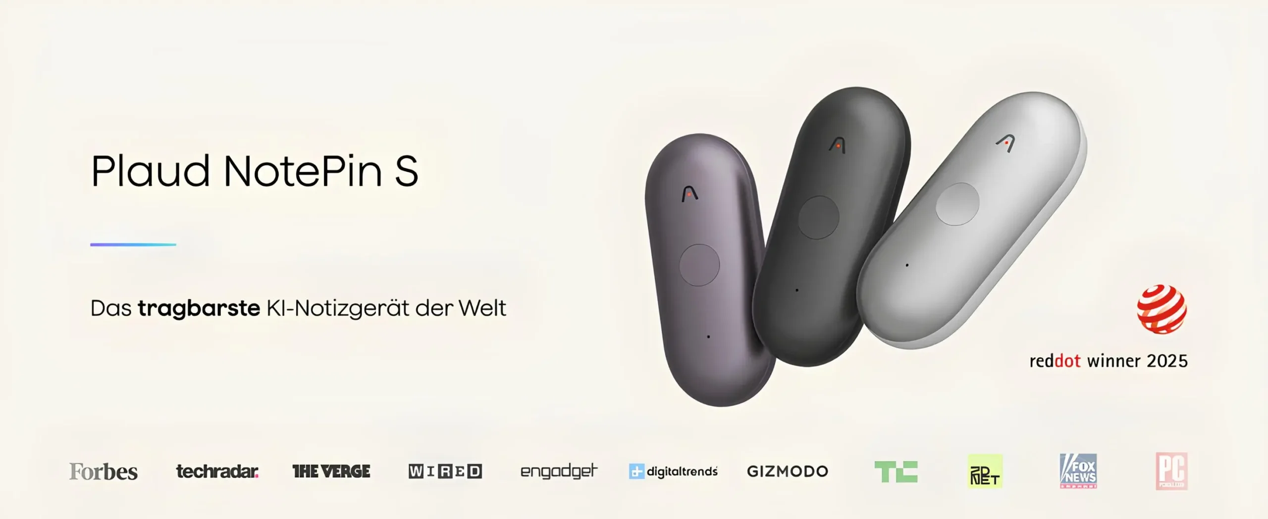 Plaud NotePin S taşınabilir yapay zeka not alma cihazı renk seçenekleri ve Red Dot 2025 ödülü