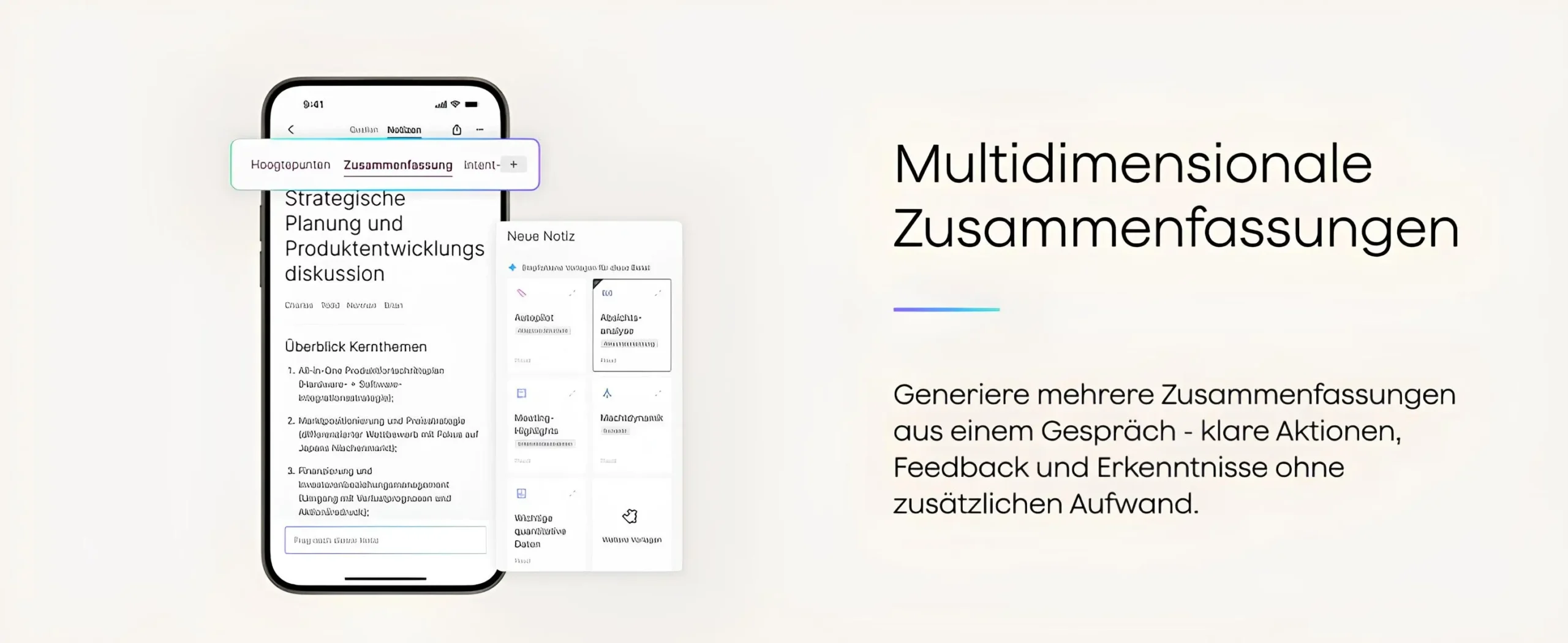 Plaud NotePin S çok boyutlu özetleme özelliğini gösteren mobil uygulama ekranı