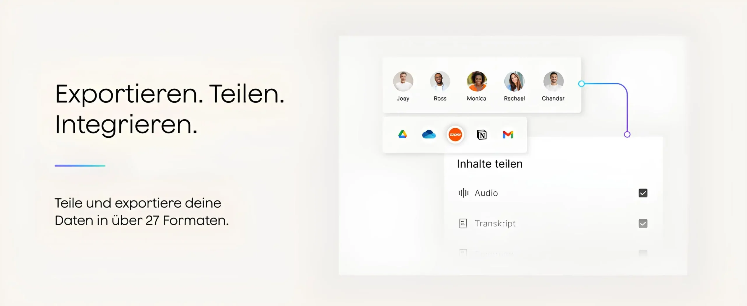 Plaud NotePin S içerik paylaşma dışa aktarma ve entegrasyon seçeneklerini gösteren arayüz