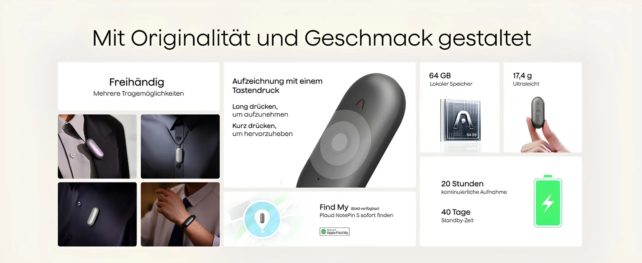 Plaud NotePin S tasarım özellikleri tek tuş kayıt depolama ve pil bilgileri