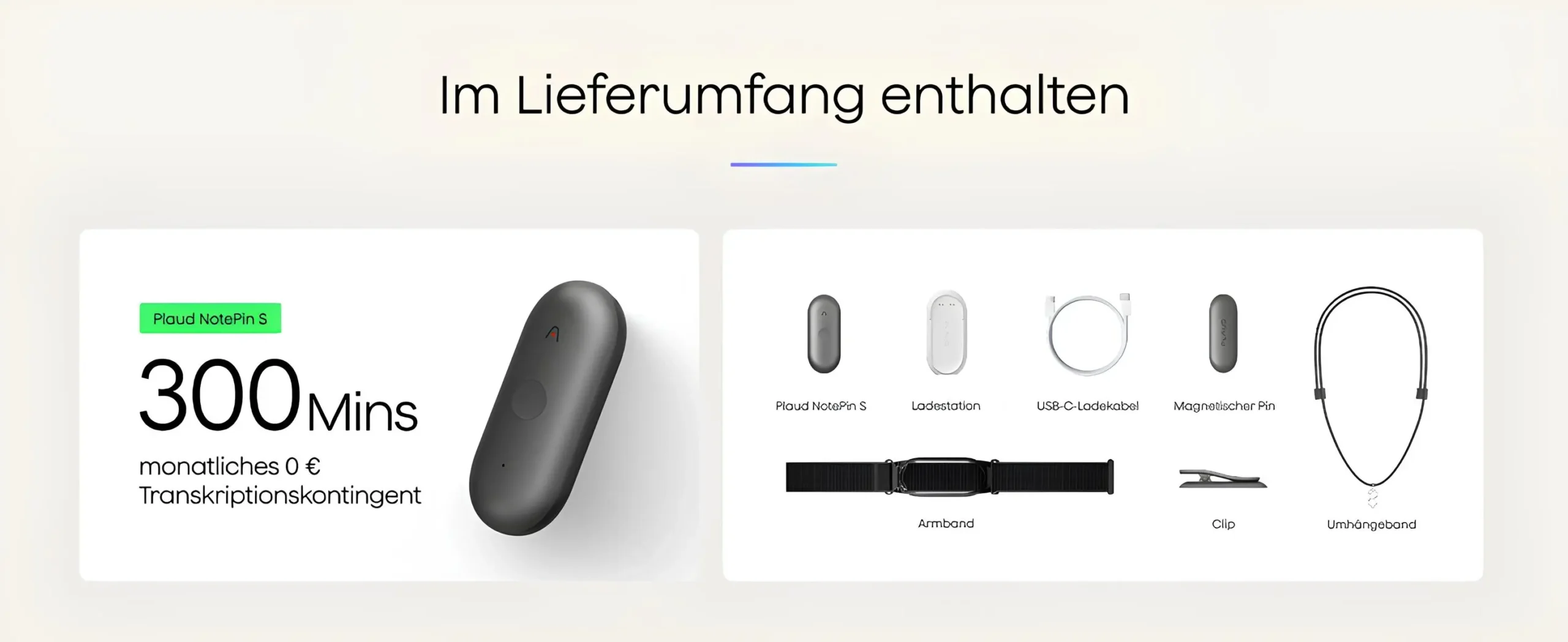 Plaud NotePin S kutu içeriği ve aylık transkripsiyon paketi bilgisi