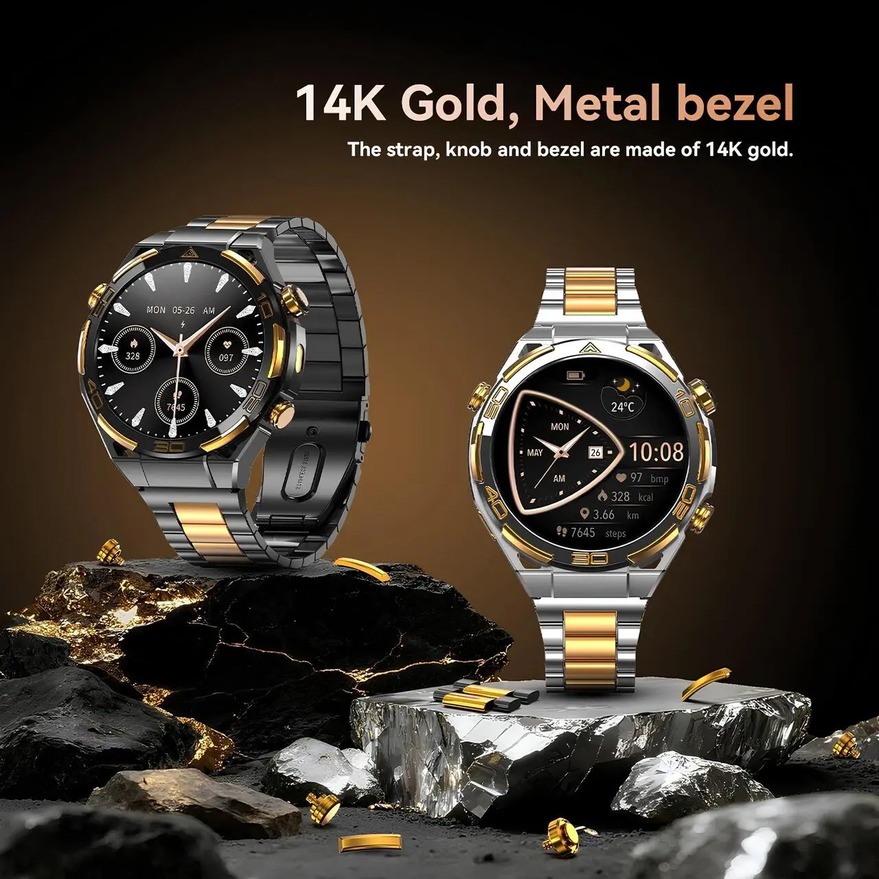 Blackview W90 Pro GPS smartwatch 14K gold kaplama metal bezel ve paslanmaz çelik bilezik tasarımlı 1.43 inç AMOLED akıllı saat