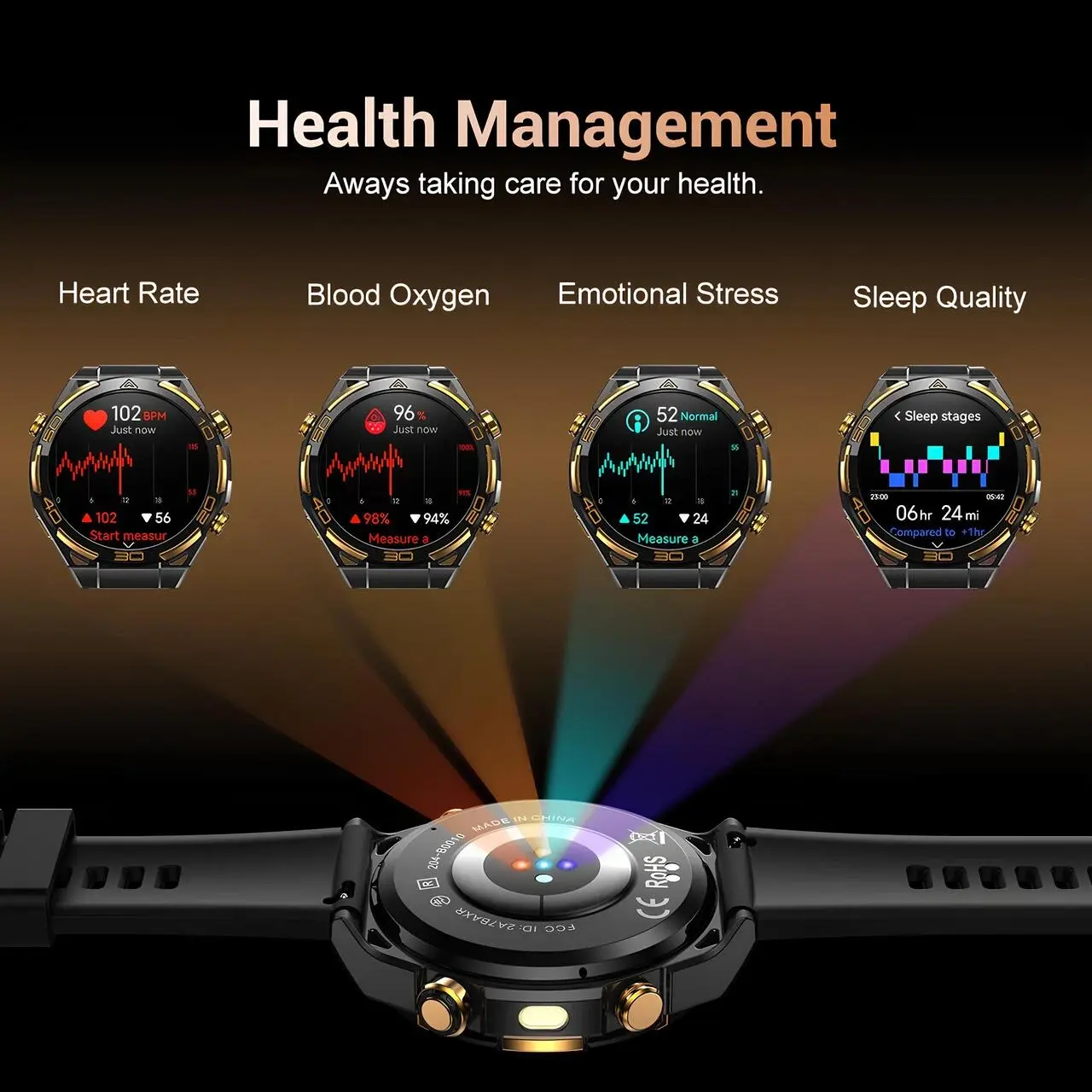 Blackview W90 Pro sağlık yönetimi özellikleri, kalp atış hızı ölçümü, SpO2 kan oksijen takibi, stres analizi ve uyku kalitesi izleme sunan GPS akıllı saat