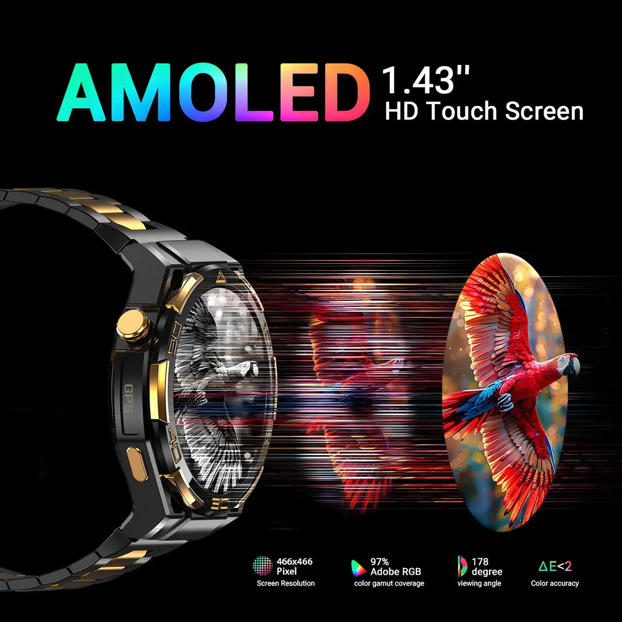 Blackview W90 Pro 1.43 inç HD AMOLED dokunmatik ekran, 466x466 piksel çözünürlük ve geniş renk gamı destekli GPS akıllı saat