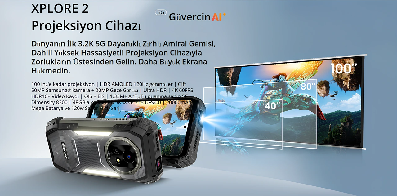 Alt metin: Blackview XPLORE 2 5G dayanıklı telefonun dahili projektör ile 100 inç ekrana görüntü yansıtım görseli