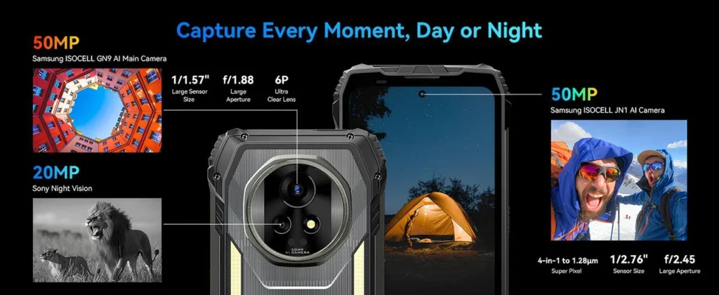 50MP Samsung ana kamera, 20MP gece görüş ve 50MP ön kamera teknik özellik görseli