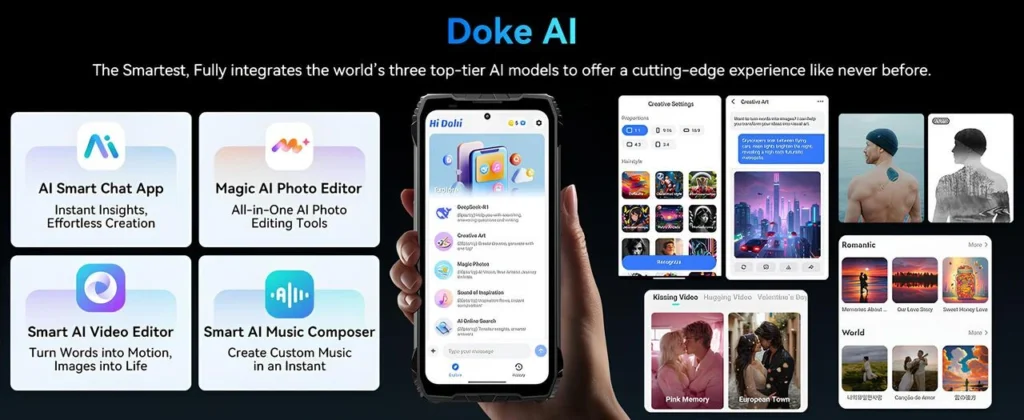 Doke AI uygulamaları, AI sohbet, fotoğraf düzenleme, video ve müzik oluşturma arayüzü