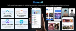 Doke AI uygulamaları, AI sohbet, fotoğraf düzenleme, video ve müzik oluşturma arayüzü