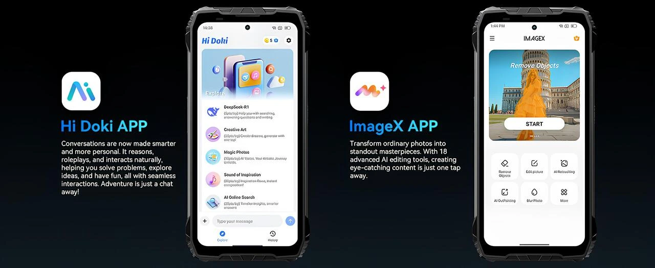 Hi Doki ve ImageX yapay zeka uygulamaları mobil arayüz ekranı