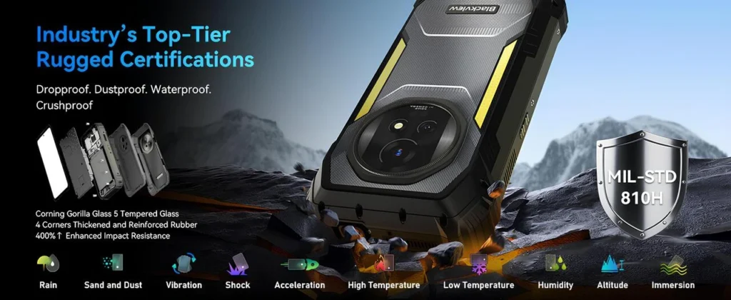 MIL-STD-810H sertifikalı, darbe, toz, su ve yüksek sıcaklığa dayanıklı Blackview Xplore 2 rugged telefon