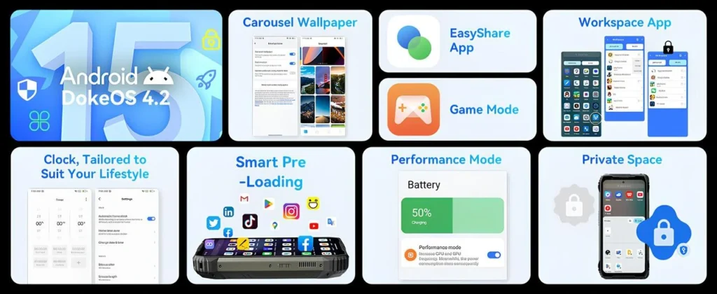 Android 15 DokeOS 4.2 arayüz özellikleri ve sistem uygulama ekranı