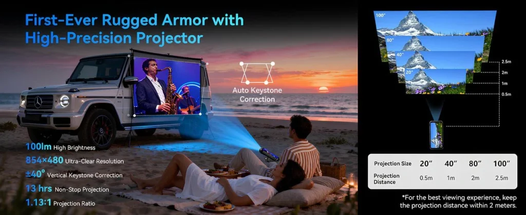 Blackview XPLORE 2 dahili projektör ile açık alanda 100 inç görüntü yansıtımı