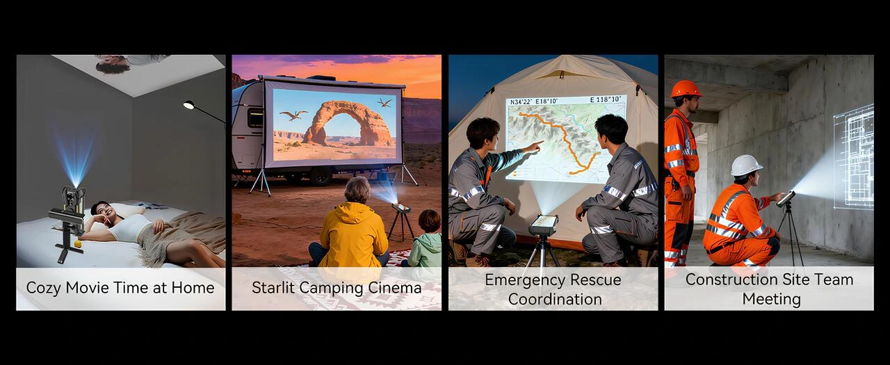 Ev sineması, kamp, acil durum koordinasyonu ve şantiye projeksiyon kullanım senaryosu
