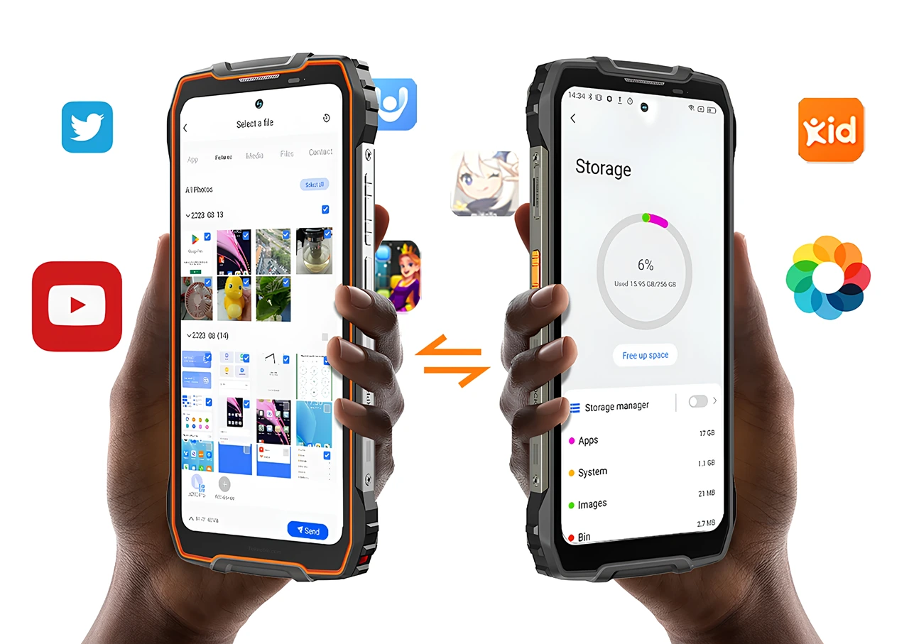 Android 15 tabanlı DokeOS 4.2 arayüzünde dosya seçimi ve depolama yönetimi ekranı gösteren rugged akıllı telefon, uygulama kontrolü ve alan optimizasyonu deneyimi