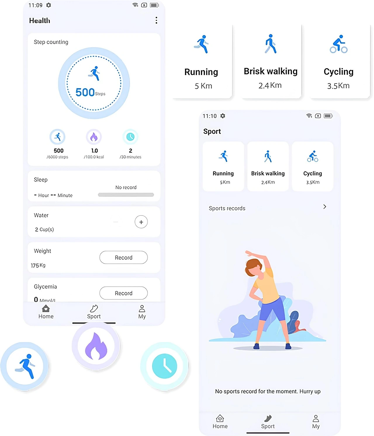 Android 15 tabanlı DokeOS 4.2 Health ve Sport uygulaması arayüzü, adım sayacı, koşu, tempolu yürüyüş ve bisiklet aktivite takibi ekranı