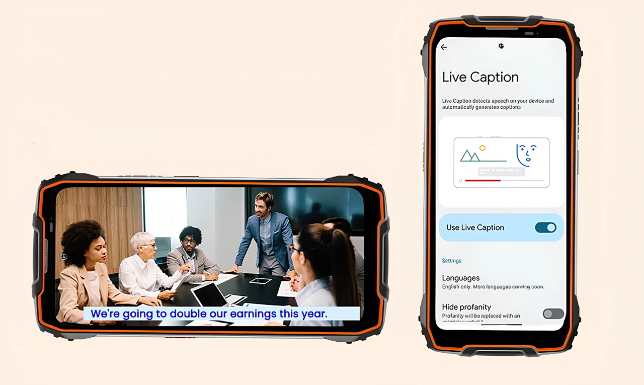 Android 15 tabanlı DokeOS 4.2 Live Caption özelliği, video oynatma sırasında otomatik canlı altyazı oluşturma ve dil ayarları ekranı