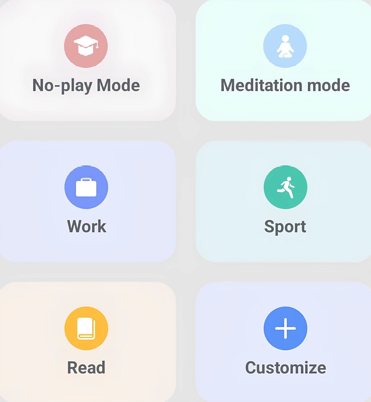 Android 15 tabanlı DokeOS 4.2 odak modları arayüzü, No-play Mode, Meditation, Work, Sport, Read ve Customize seçenekleri ile kişiselleştirilmiş kullanım deneyimi