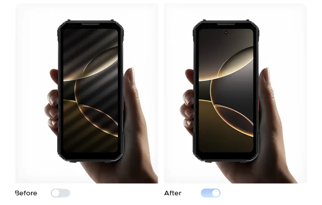 DOOGEE V Max LR ekranında before after görüntü iyileştirme karşılaştırması + TİTREŞİM ÖNLEME