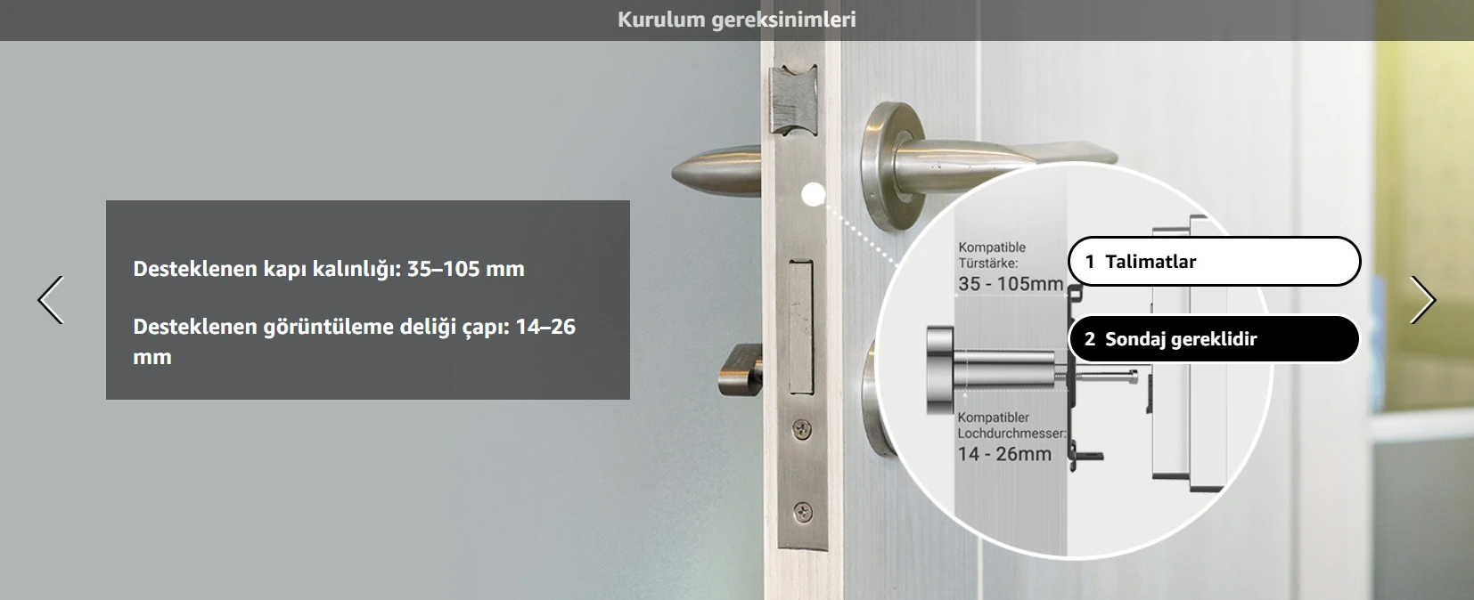 ezviz cp2 kapı görüntüleyici desteklenen kapı kalınlığı ve delik çapı montaj şeması