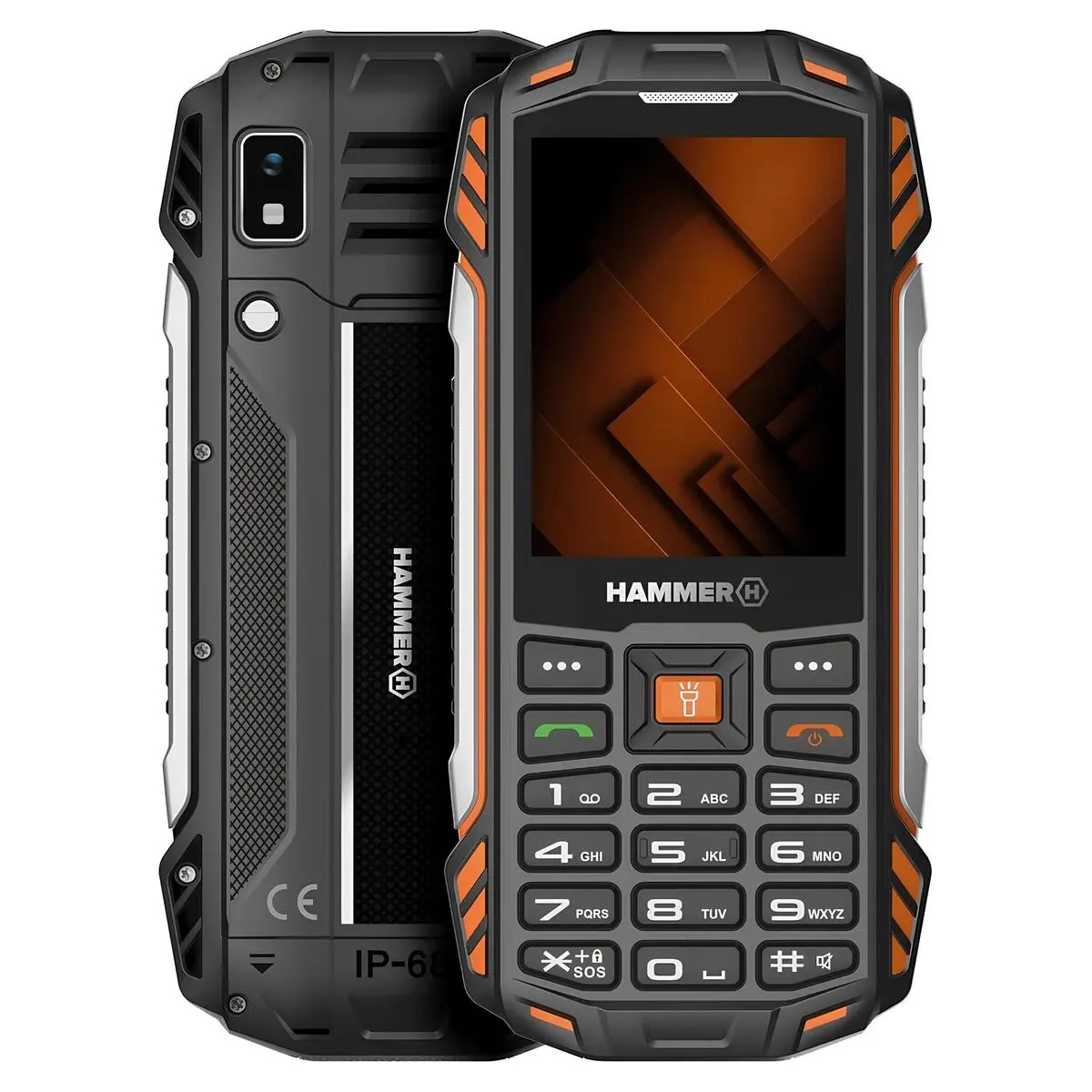 hammer-h-power-plus-lte-rugged-cep-telefonu-4000mah-cift-sim-siyah-teknobin-1 Hammer H Power Plus LTE rugged cep telefonu ön ve arka görünüm siyah turuncu dayanıklı gövde