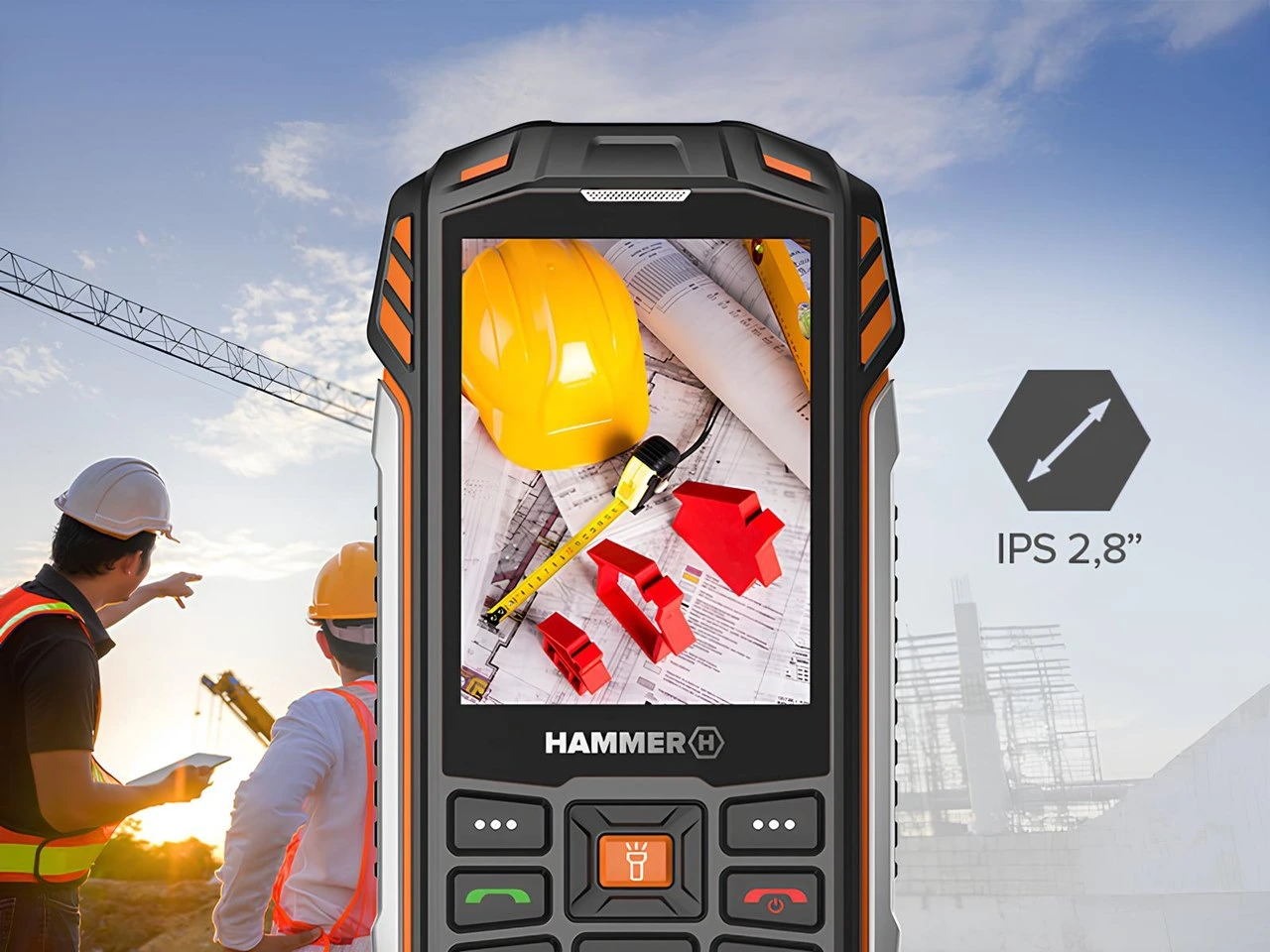 Hammer H Power Plus LTE rugged telefonun 2.8 inç IPS ekranının inşaat planı görüntüsü göstermesi