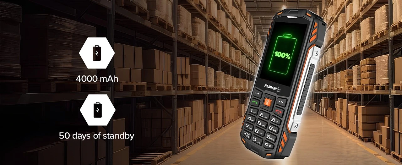 Hammer H Power Plus LTE rugged telefonun 4000 mAh batarya ve 50 gün bekleme süresi vurgulu görseli