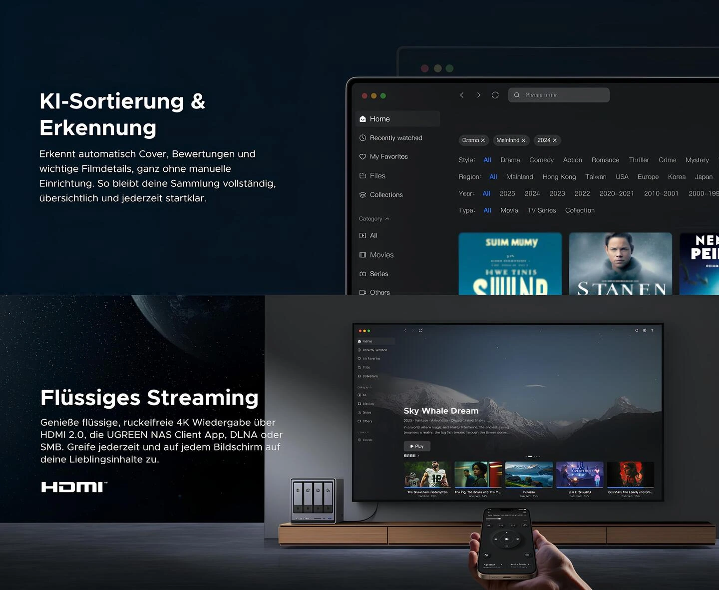UGREEN NASync DXP4800 Pro yapay zeka destekli medya arşiv yönetimi ve HDMI 2.0 ile 4K akıcı streaming desteği