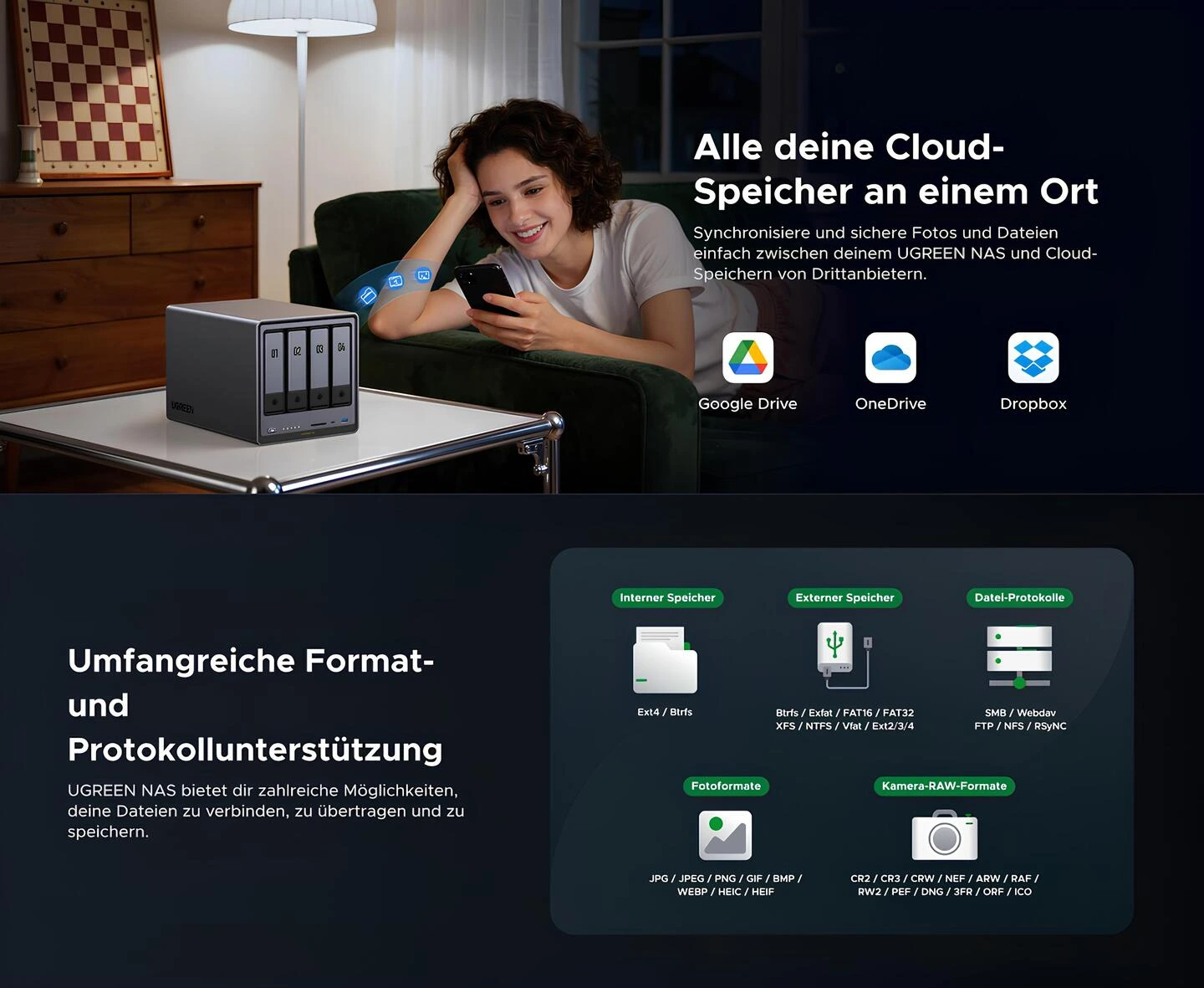 UGREEN NASync DXP4800 Pro bulut senkronizasyonu, Google Drive OneDrive Dropbox desteği ve geniş format protokol uyumluluğu