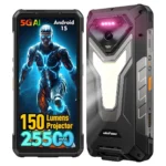 Ulefone Armor 34 Pro Plus 5G dayanıklı telefon ön ve arka görünüm, 150 lümen projeksiyon ve 25500 mAh vurgusu