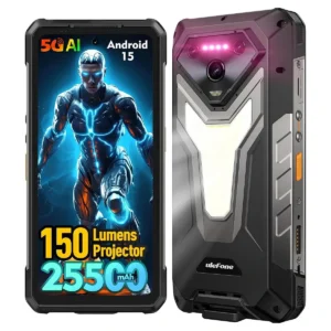 Ulefone Armor 34 Pro Plus 5G dayanıklı telefon ön ve arka görünüm, 150 lümen projeksiyon ve 25500 mAh vurgusu