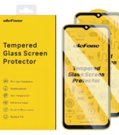 Ulefone temperli cam ekran koruyucu kutusu ve iki adet koruyucu cam, 9H sertlik ve özellik ikonlarıyla sarı ambalaj