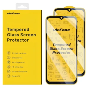 Ulefone temperli cam ekran koruyucu kutusu ve iki adet koruyucu cam, 9H sertlik ve özellik ikonlarıyla sarı ambalaj