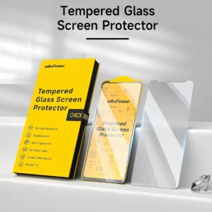 Ulefone ekran koruyucu kutusu, telefon üzerine yerleştirilmiş cam ve yanında şeffaf koruyucu cam görseli