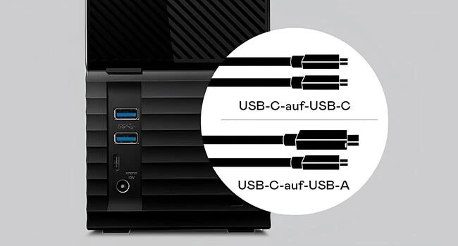 WD My Book Duo 44TB RAID harici disk USB-C ve USB-A bağlantı kabloları ve arka portlar görünümü