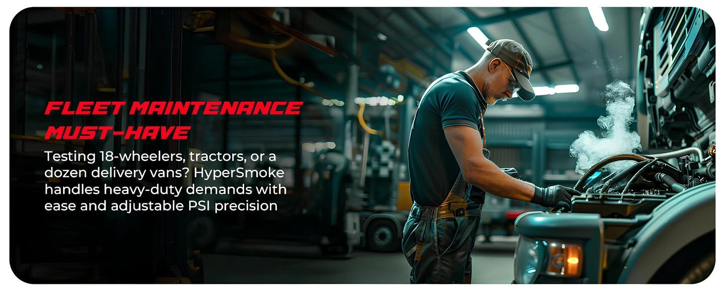 Autoline Pro HyperSmoke EVAP duman makinesi ile kamyon ve ticari araç motorunda kaçak testi yapan bakım teknisyeni