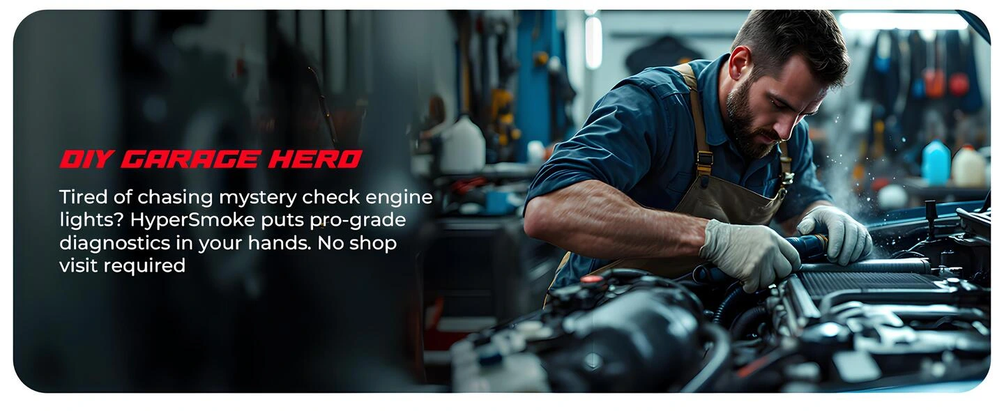 Autoline Pro HyperSmoke otomotiv duman makinesi ile motor kaçak teşhisi yapan oto tamir ustası garaj sahnesi