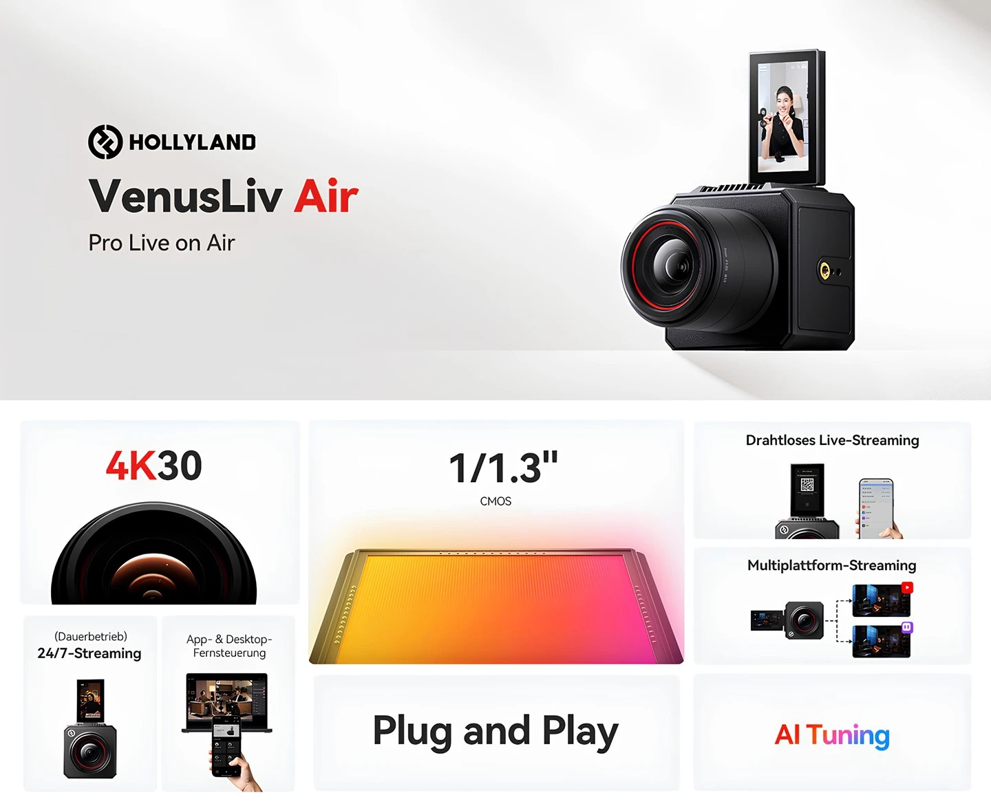 Hollyland VenusLiv Air 4K30 canlı yayın kamerası, 1/1.3 inç CMOS sensör, kablosuz streaming, çoklu platform yayın ve AI görüntü optimizasyon özellikleri