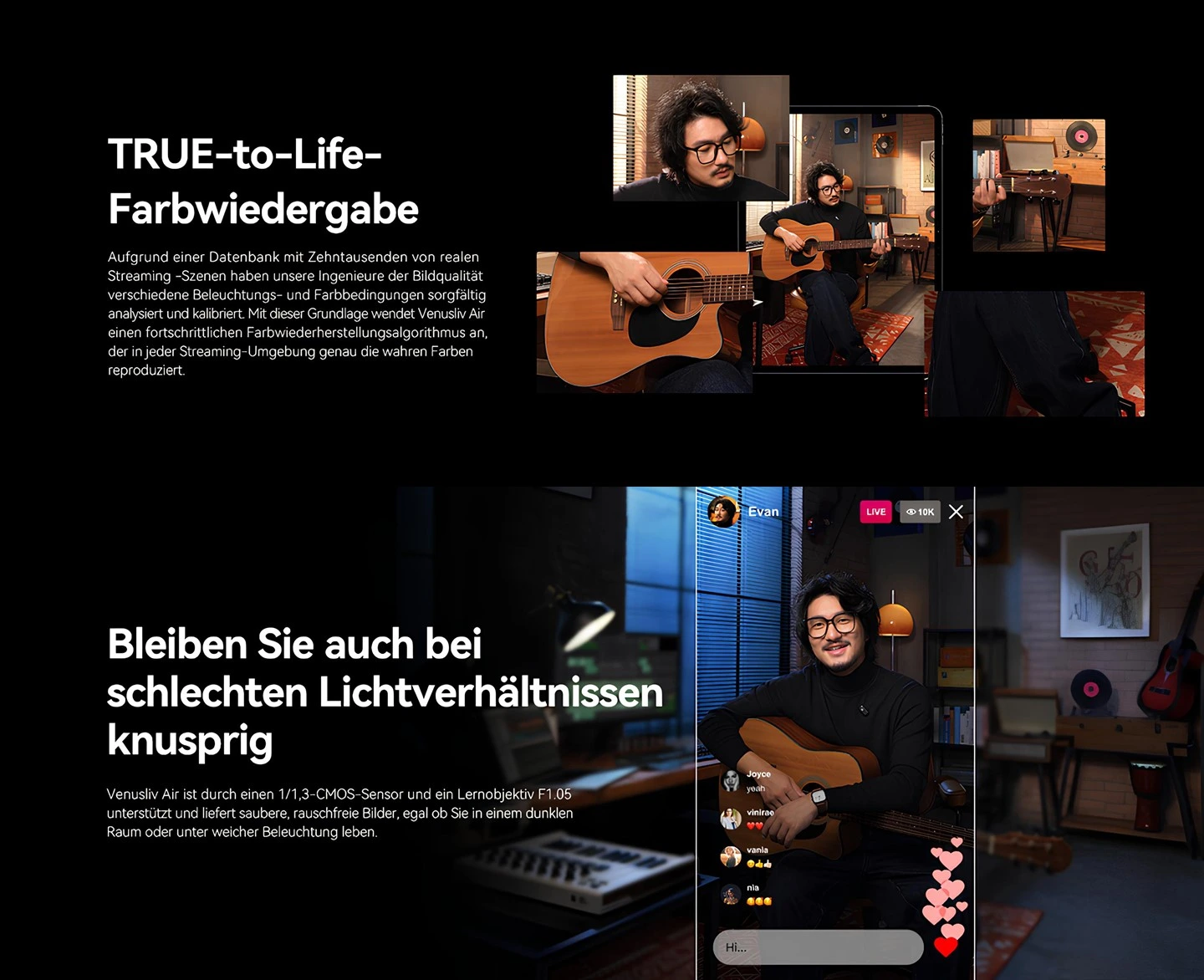 Hollyland VenusLiv Air canlı yayın kamerası ile gerçekçi renk üretimi ve düşük ışıkta net görüntü performansı, gitar çalan yayın sahnesi örneği