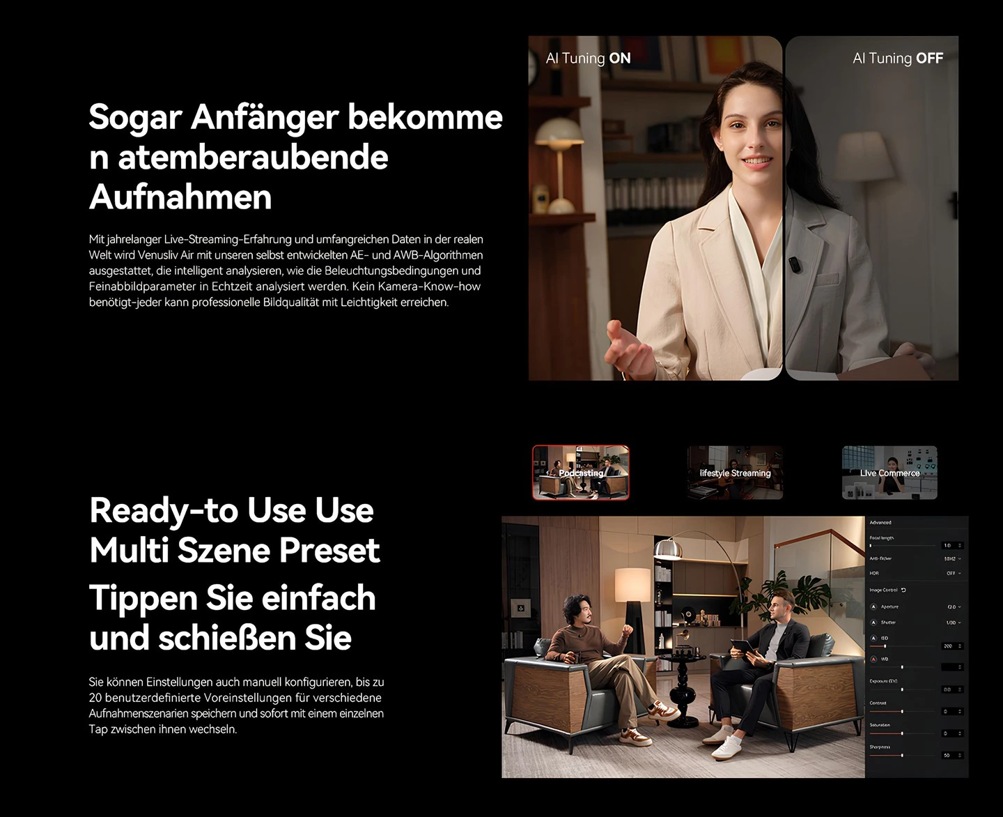Hollyland VenusLiv Air canlı yayın kamerası AI görüntü optimizasyonu ve çoklu sahne ön ayarları ile podcast, lifestyle streaming ve canlı ticaret yayınları