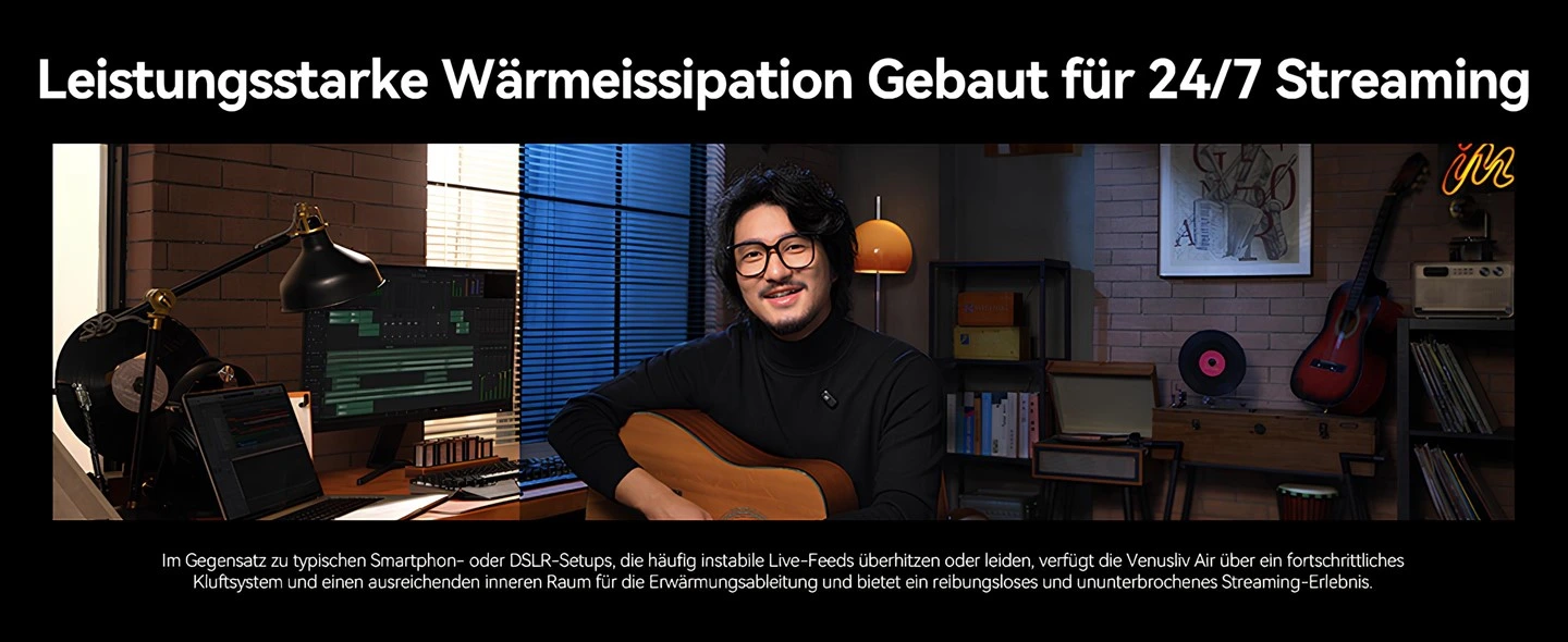 Hollyland VenusLiv Air canlı yayın kamerası gelişmiş ısı dağıtma sistemi, aktif soğutma yapısı ve 7/24 kesintisiz streaming performansı