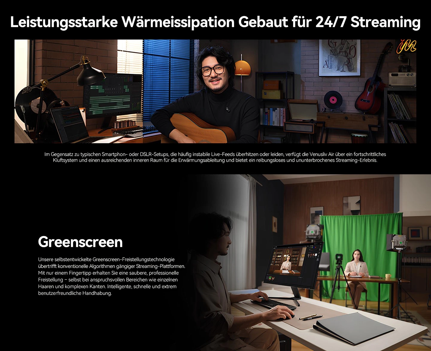 Hollyland VenusLiv Air 4K canlı yayın kamerası gelişmiş ısı dağıtma sistemi ile 7/24 kesintisiz streaming ve dahili greenscreen arka plan ayırma teknolojisi kullanım sahnesi