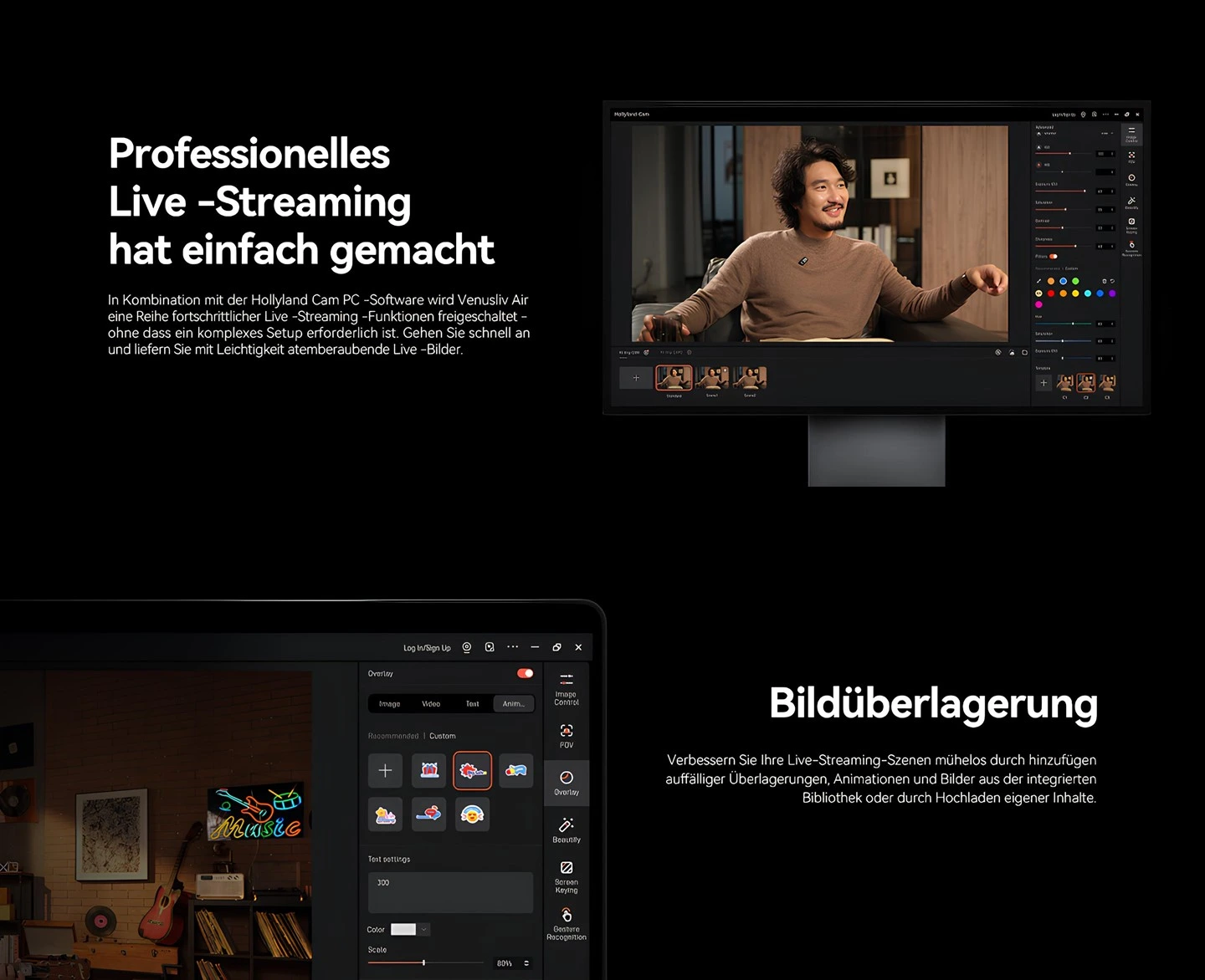 Hollyland VenusLiv Air 4K canlı yayın kamerası Hollyland Cam PC yazılımı ile profesyonel live streaming kontrol paneli, sahne yönetimi ve görüntü overlay düzenleme arayüzü