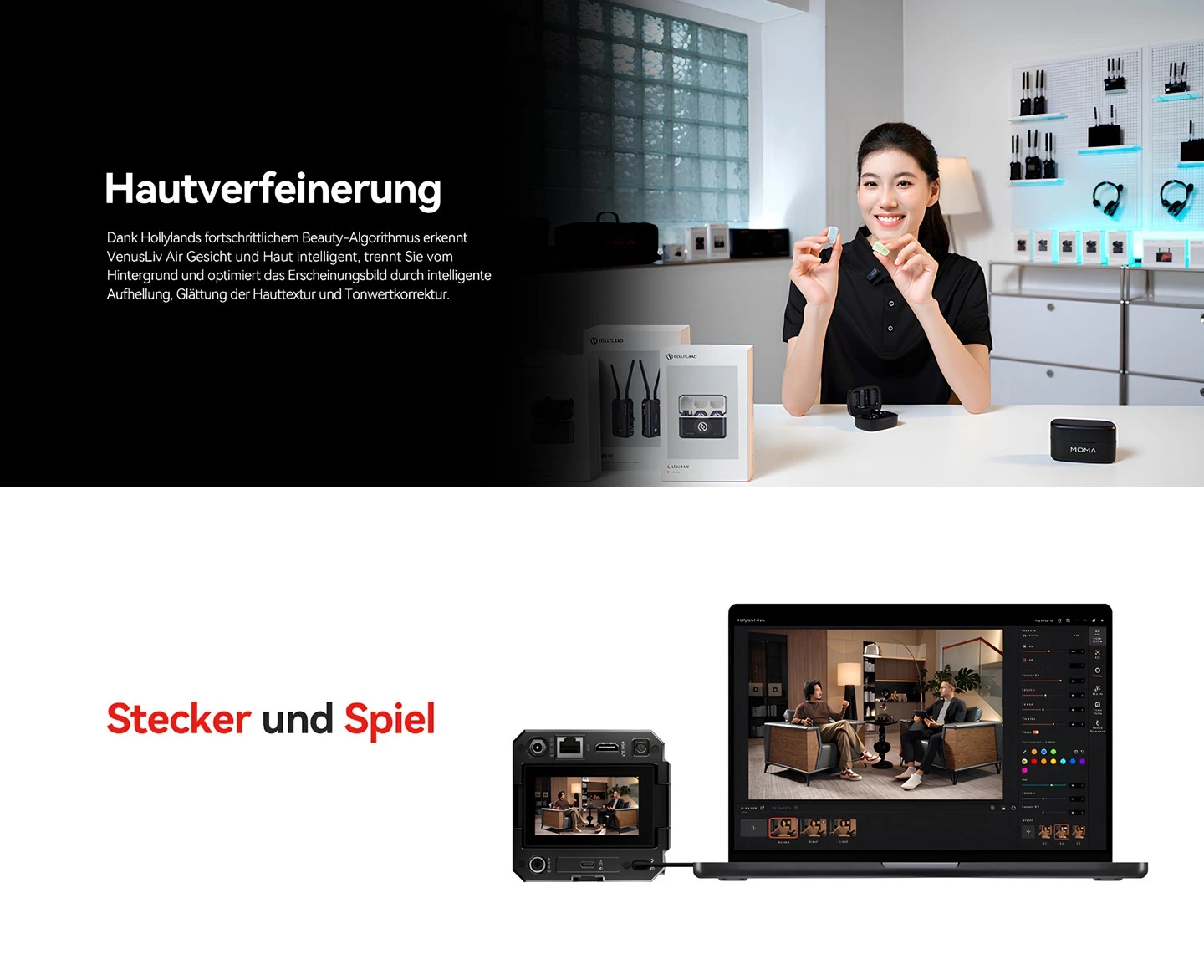 Hollyland VenusLiv Air 4K canlı yayın kamerası yapay zekâ destekli cilt iyileştirme (beauty algorithm), yüz tanıma optimizasyonu ve HDMI-USB bağlantı portları kullanım görseli