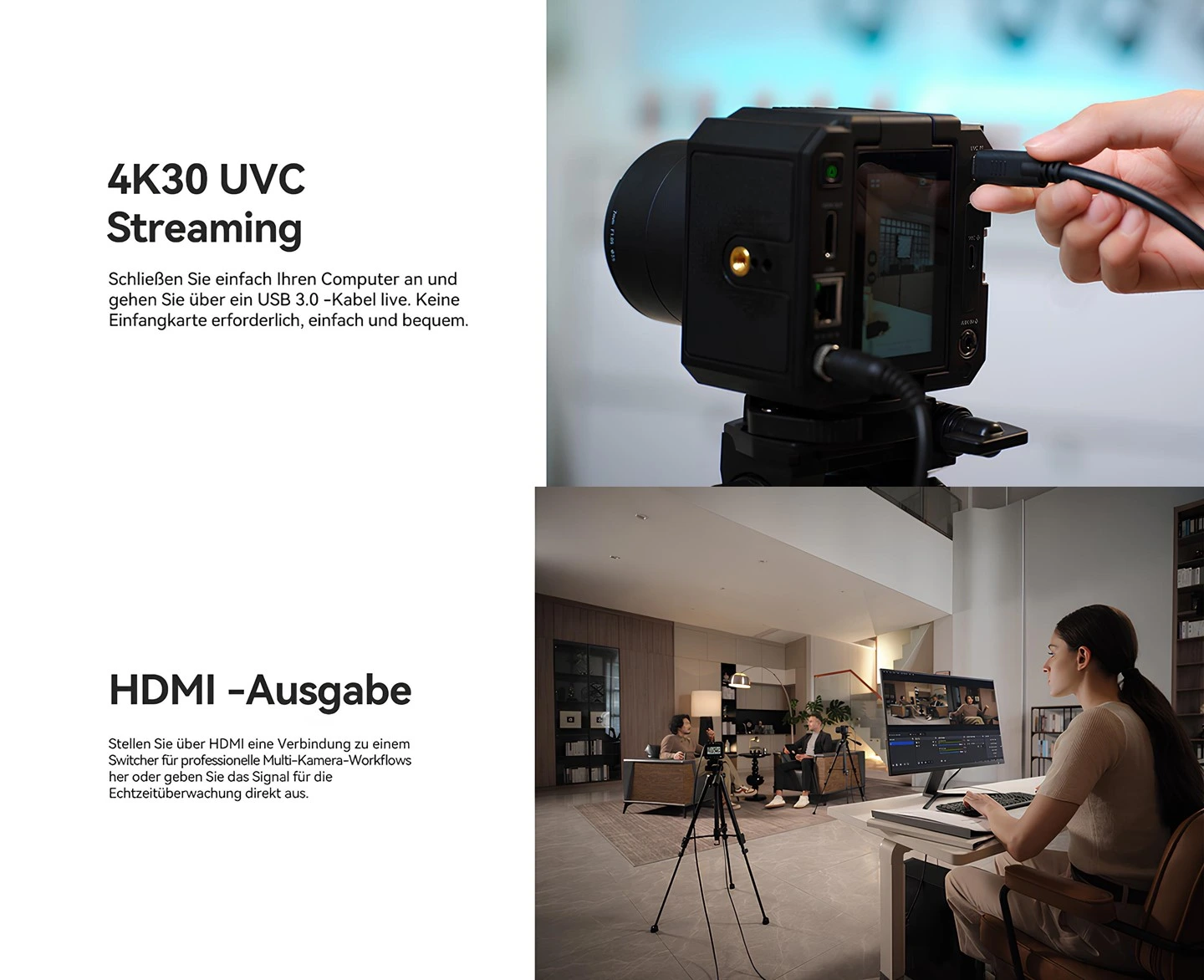 Hollyland VenusLiv Air 4K canlı yayın kamerası USB 3.0 üzerinden 4K30 UVC streaming bağlantısı ve HDMI video çıkışı ile profesyonel canlı yayın kurulumu kullanım görseli