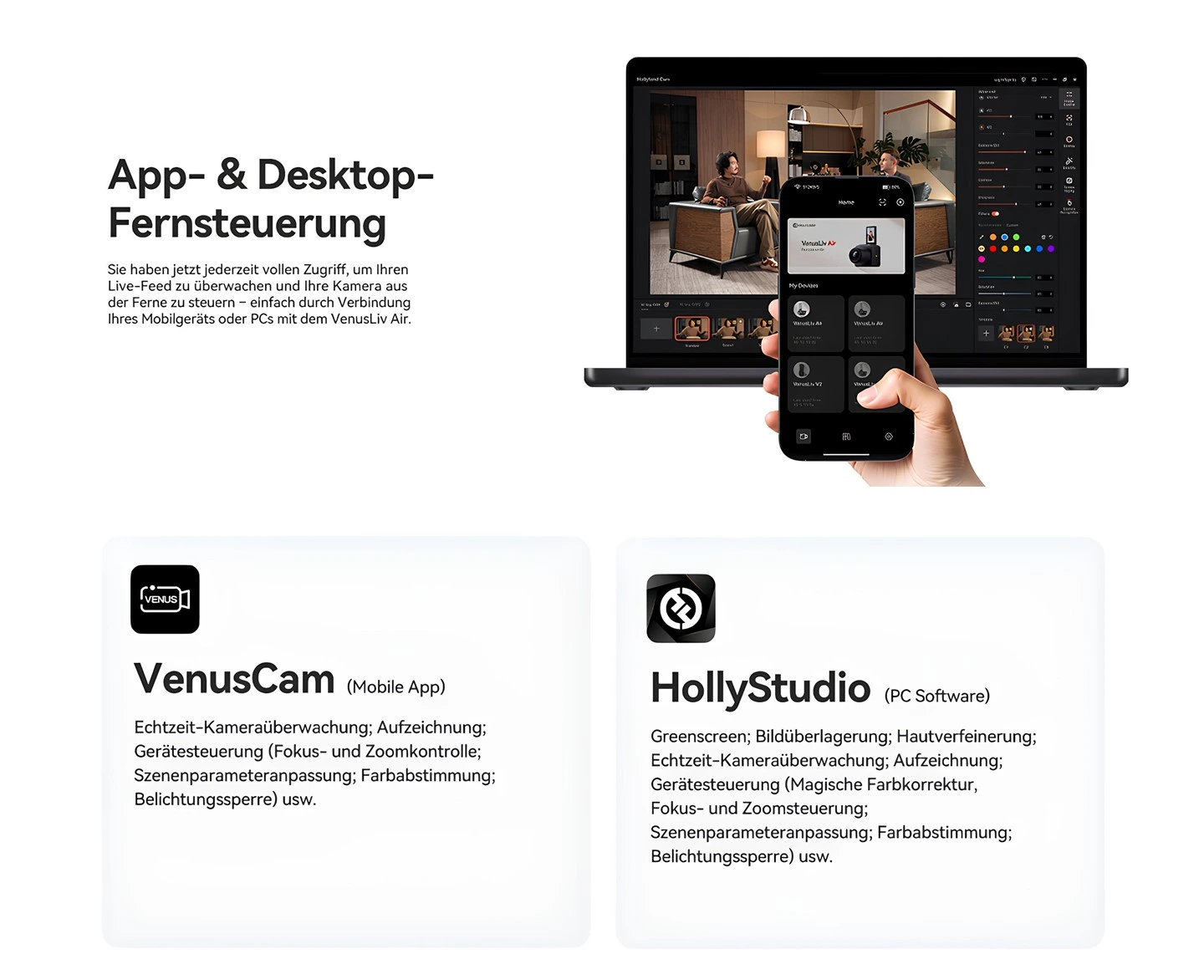 Hollyland VenusLiv Air canlı yayın kamerası mobil uygulama ve bilgisayar yazılımı üzerinden uzaktan kontrol, canlı yayın yönetimi ve kamera ayarları kontrol arayüzü