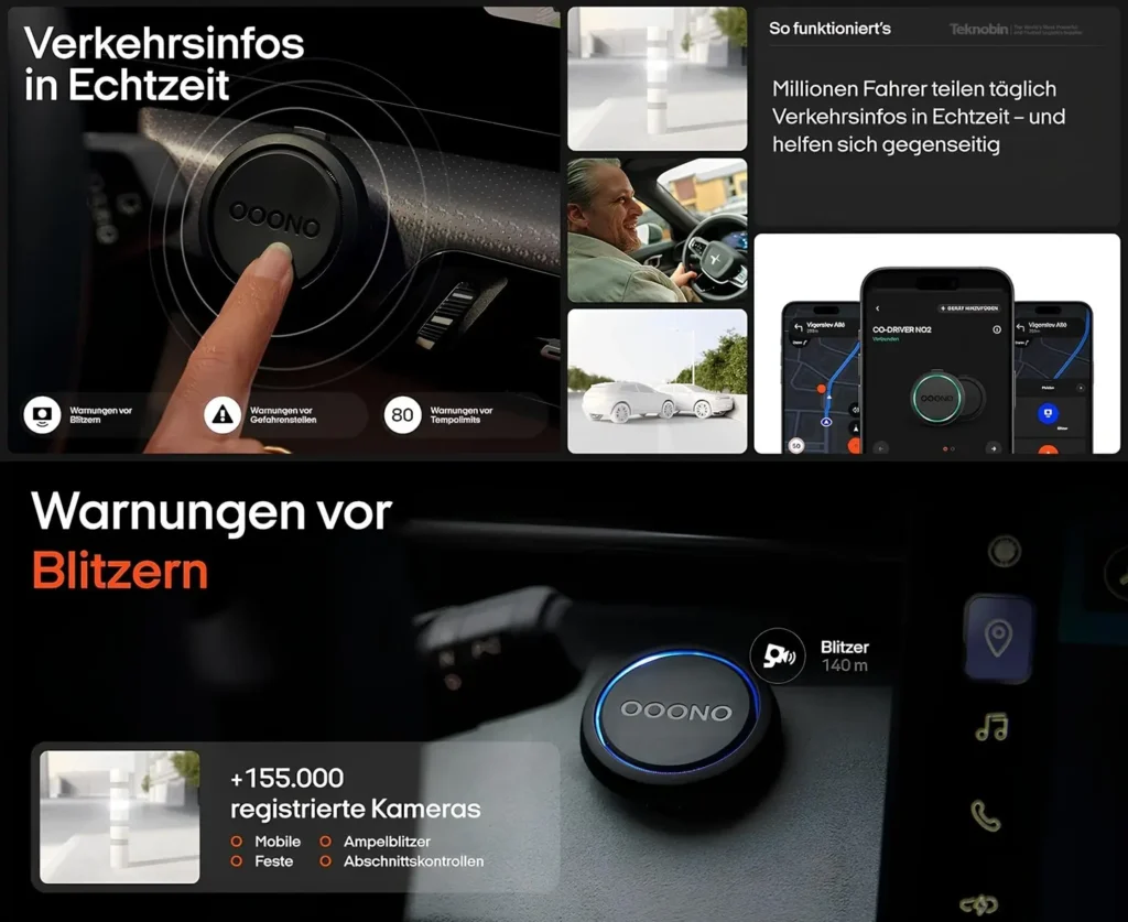 OOONO Co-Driver NO2 gerçek zamanlı trafik bilgisi ve hız kamerası uyarı cihazı araç içi kullanım ekranı