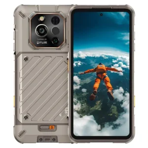 Rugone Xever 7 Pro Sand Dune renkli rugged telefon arka kapak ve ekran görünümü, Thermal by FLIR termal kamera modüllü dayanıklı tasarım
